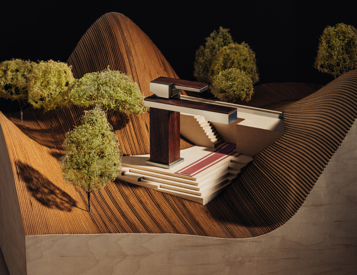 The Single-Handle Deck-Mount Lavatory Faucet from the Frank Lloyd Wright® Bath Collection by Brizo®, showcased in an architectural model.