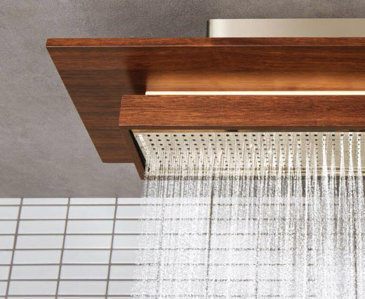 The Raincan Showerhead from the Frank Lloyd Wright® Bath Collection by Brizo®, with the Cascade Spray turned on and flowing downward.