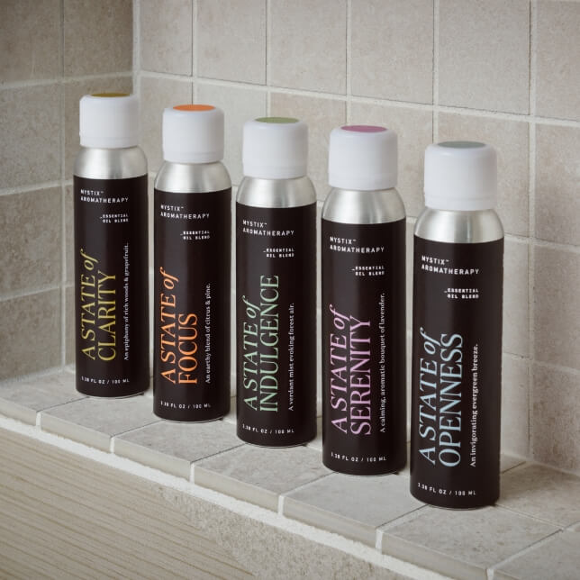 Five canisters of Mystix™ Aromatherapy essential oil blends. The labels read: A State of Clarity, A State of Focus, A State of Indulgence, A State of Serenity, A State of Openness.
