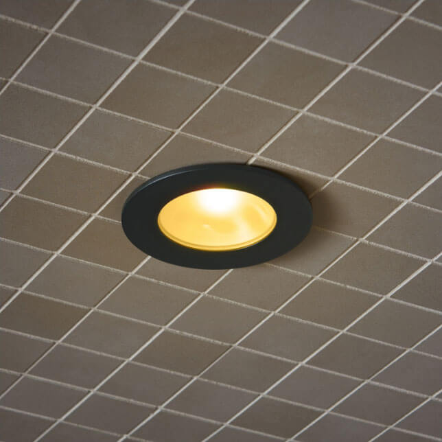 A Mystix™ Chromatherapy light mounted in a shower ceiling. It is a minimal circle with a lighted center surrounded by an opaque black circle.