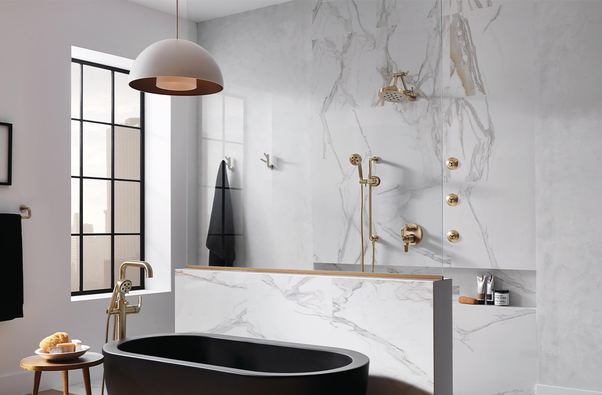 featuring the Litze® bath collection with the Essential™ Shower Series.