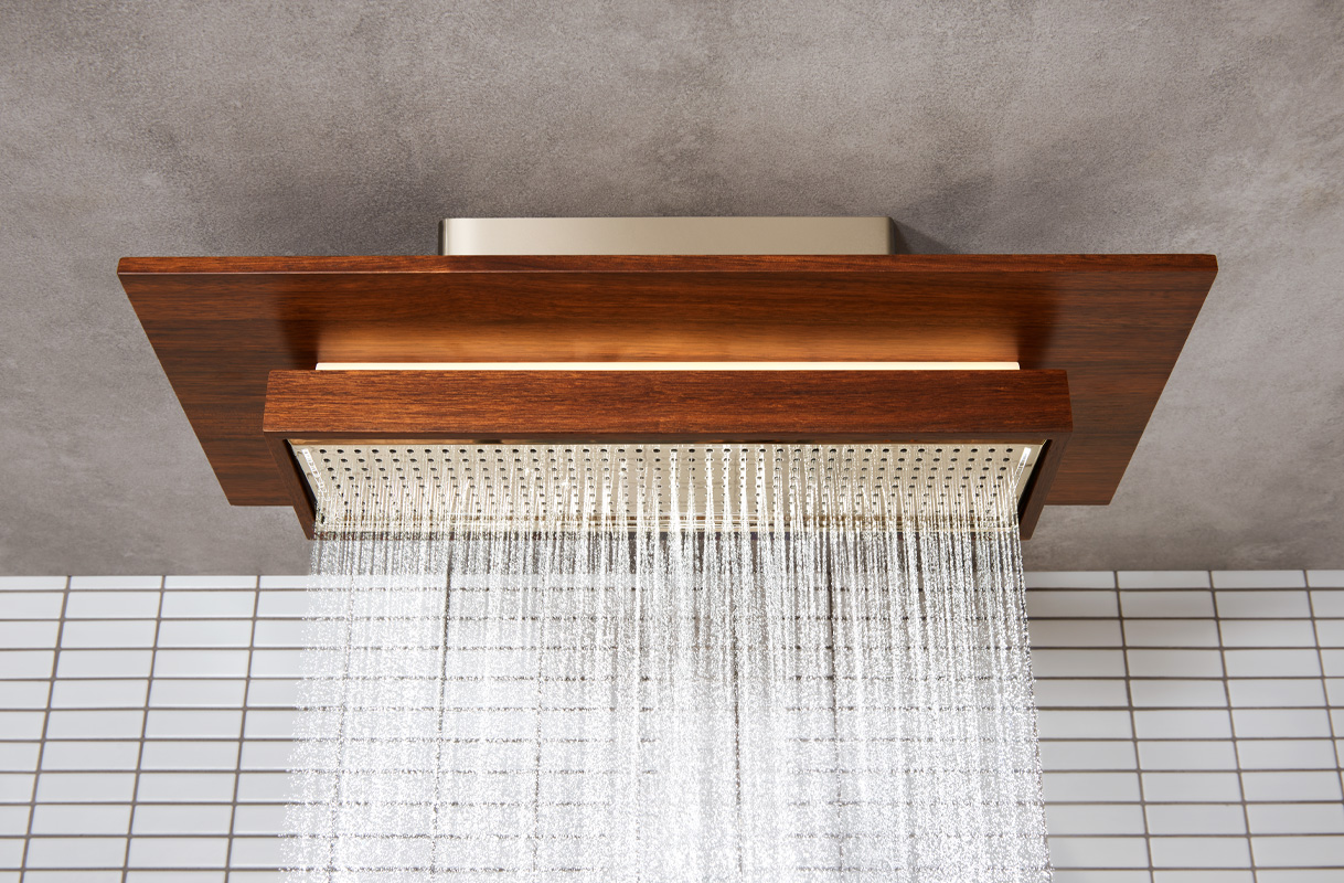 featuring the FRANK LLOYD WRIGHT® by Brizo® Single-Function Raincan Shower Head with Integrated Lighting.
