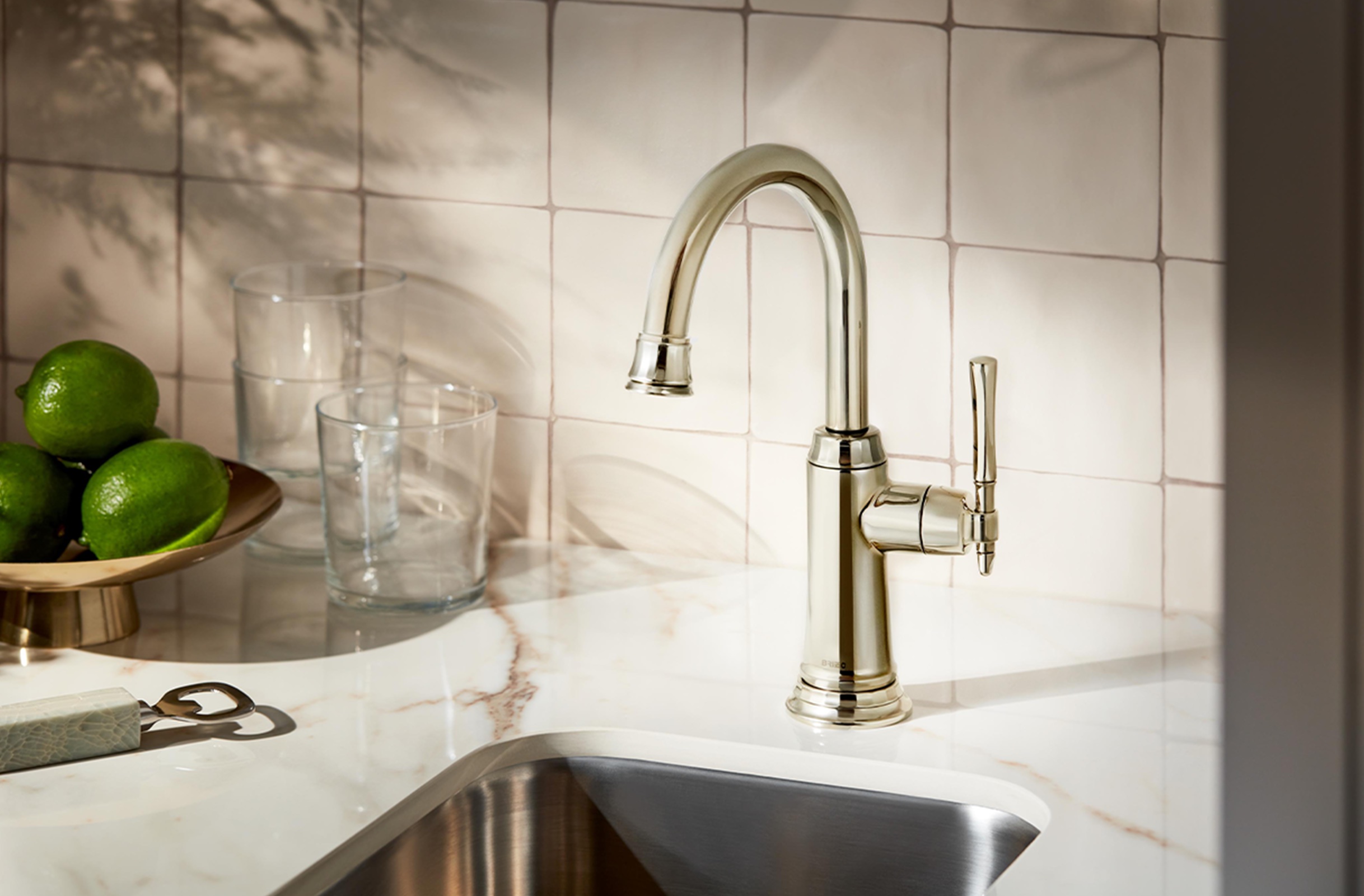 Featuring the Tulham™ beverage faucet in Brilliance® polished nickel