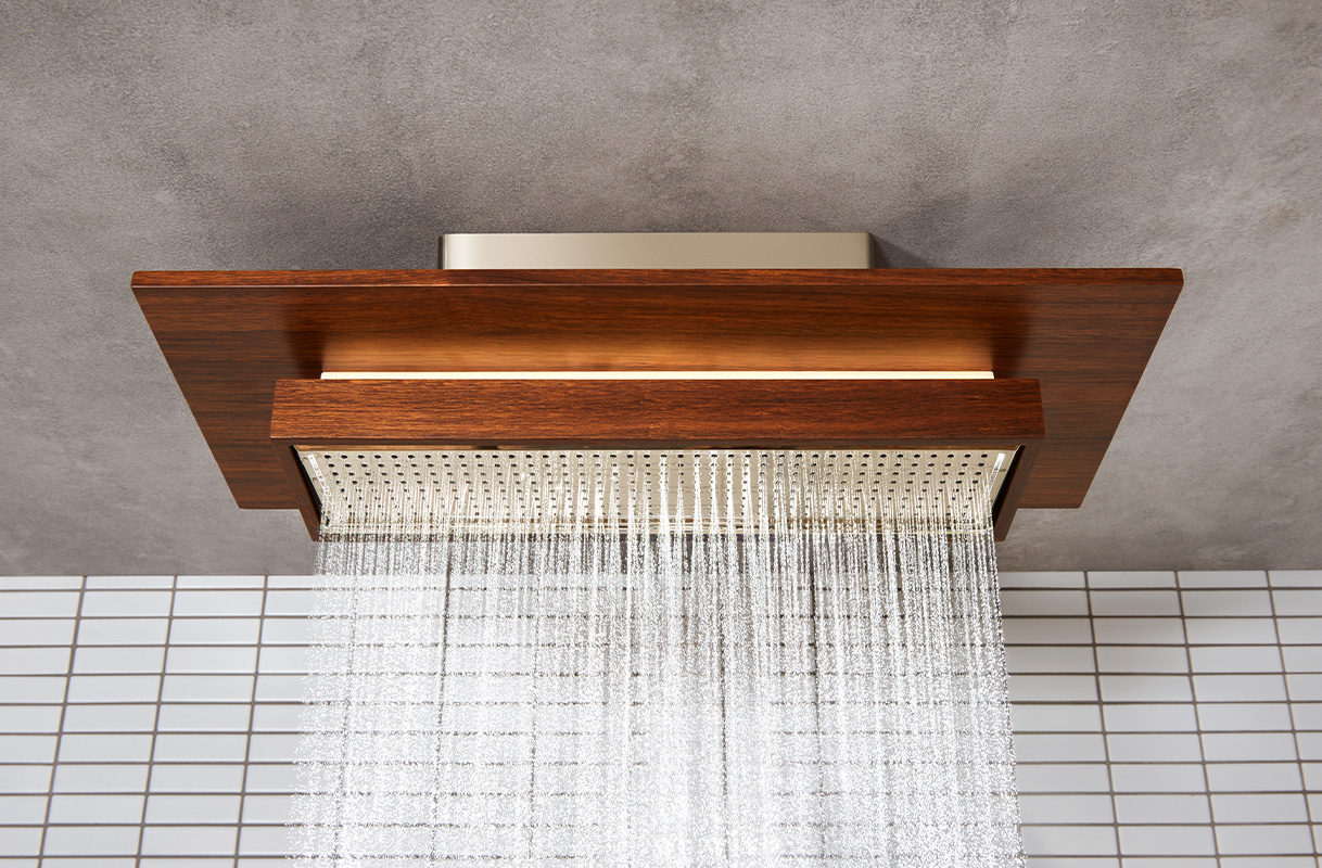 Featuring the Frank Lloyd Wright® Bath Collection 21” Single-Function Raincan Shower Head with Integrated Lighting in Brilliance® Polished Nickel / Wood