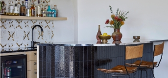 interior Designer: natalie myers / Ladera Heights, CA 2023/ Photographer: Jessica Alexander / Featuring the Litze® Single Handle Arc Pull Down Kitchen Faucet with arc spout Knurled Handle in matte black and Brilliance® luxe gold®